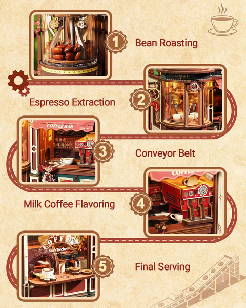 Dream Coffee Factory Mechanical 3D Wooden Puzzle Kit with moving LED lights showing detailed bean-to-cup coffee process.