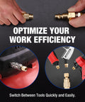Hands connecting Pro Grade 16 Piece One Quarter Inch NPT Air Hose Fitting Kit With Storage Case Includes Quick Connect Brass Couplers.