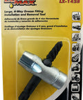 All In One Four Way Grease Fitting Tool For Installing And Removing Straight And Angle Type Fittings Fits One Eighth Inch NPT Threads Works Like A Champ packaging