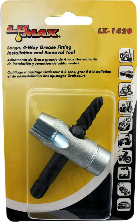 All In One Four Way Grease Fitting Tool For Installing And Removing Straight And Angle Type Fittings Fits One Eighth Inch NPT Threads Works Like A Champ packaging