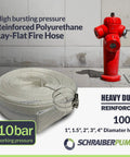 Heavy Duty 4 Inch Fire Hose 100 Ft Roll White With Red Or Blue Stripe 100 Percent Polyurethane next to fire hydrant