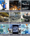 Collage of images showing various industrial and scientific equipment including dispensing, cutting, photography, testing, and lifting devices.