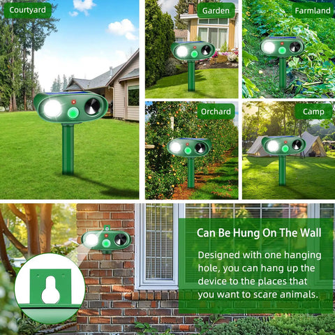 Solar Powered Ultrasonic Deer Repellent Outdoor Deterrent With Motion Sensor Strobe Light That Keeps Rabbits Cats Raccoons Squirrels Out Of Your Garden Yard And Farm Landscaping Protecting Plants In Style 2Pack mounted on wall
