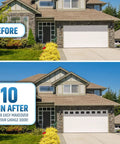 Before and after view of a house with Magnetic Garage Door Window Panels Kit for Two Car Garages, 32 Pcs 4 by 6 Inch Faux Window Panes.