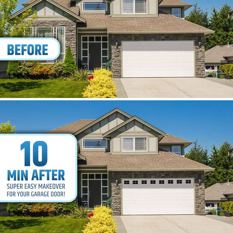 Before and after view of a house with Magnetic Garage Door Window Panels Kit for Two Car Garages, 32 Pcs 4 by 6 Inch Faux Window Panes.