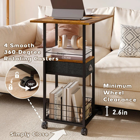 C-Shaped Side Table With Wheels And Large Wood Top near sofa, showing rotating casters and storage compartments