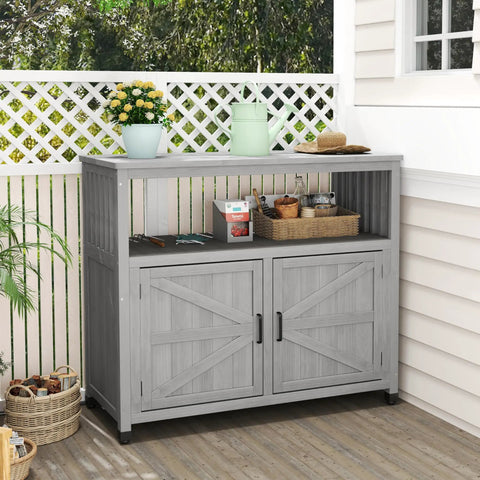 Wooden Patio Bar Table With Storage And Cedar Outdoor Buffet Cabinet Sideboard Serving Station With Double Layer Tabletop