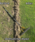 Thatch Rake 15 Inch Wide Dethatcher for cleaning dead grass leaves and debris loosens soil with steel tines and stainless steel handle