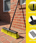 Heavy Duty 18 Inch Push Broom With Adjustable Metal Handle And Stiff Flagged Bristles on brick patio for outdoor cleaning.