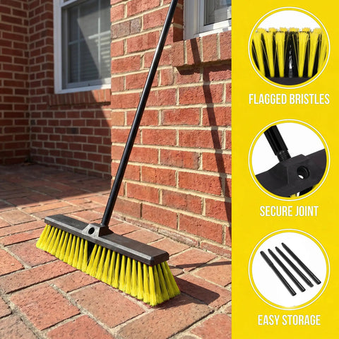 Heavy Duty 18 Inch Push Broom With Adjustable Metal Handle And Stiff Flagged Bristles on brick patio for outdoor cleaning.