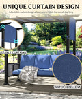 Unique curtain design on three seat porch swing bed with adjustable curtains and cushions for outdoor metal patio hammock swing chair porch backyard garden, stable four carabiners and reinforced base for worry free relaxation