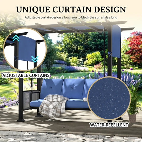 Unique curtain design on three seat porch swing bed with adjustable curtains and cushions for outdoor metal patio hammock swing chair porch backyard garden, stable four carabiners and reinforced base for worry free relaxation