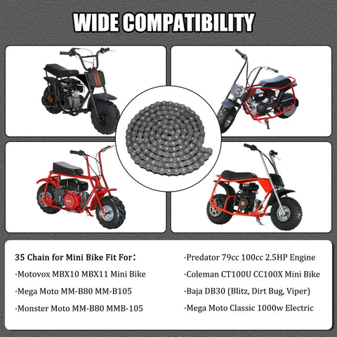 Wide compatibility of 35 Chain For Mini Bike With Chain Breaker 140 Links Fits Coleman CT100U CC100X Baja DB30 Motovox MBX10/11.