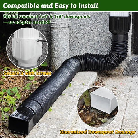 2 Pack Gutter Downspout Extensions 138 Inches With Filter, Flexible Corrugated Gutter Pipe installed on concrete