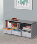 Five-Shelf Stackable Toy Storage Organizer with Three Removable Fabric Bins, solid panel construction, in a gray color in a playroom.