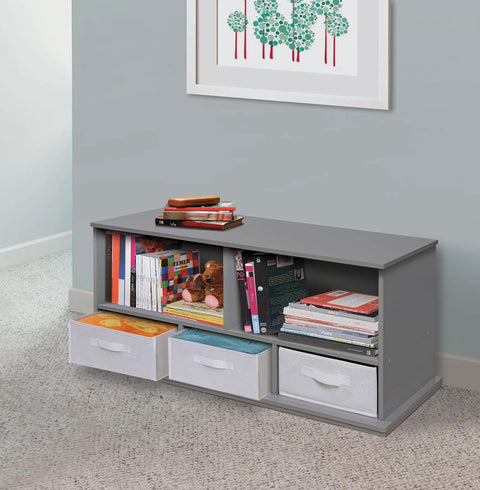 Five-Shelf Stackable Toy Storage Organizer with Three Removable Fabric Bins, solid panel construction, in a gray color in a playroom.