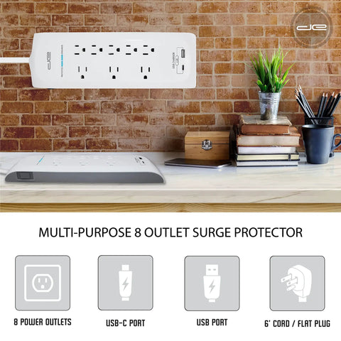 8-Outlet Surge Protector Power Strip With 4200 Joules, USB-C And USB-A Ports, Flat Plug, wall-mounted in office setup