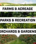 Images of landscapes including farms, parks, orchards suitable for 40 Gallon Farm Sprayer With Two Nozzle Boom And 2.5 GPM Pump.