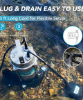 High Capacity Submersible Electric Trash Pump With Smart External Sensor And Two Inch Outlet for pool evacuation in water, featuring a 23 ft long cord.