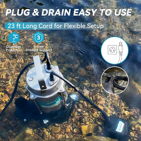 High Capacity Submersible Electric Trash Pump With Smart External Sensor And Two Inch Outlet for pool evacuation in water, featuring a 23 ft long cord.