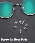 No Sweat Silicone Eyeglasses Nose Pads With Twenty Anti Slip Replacement Pairs plus screwdriver and glasses on a table.