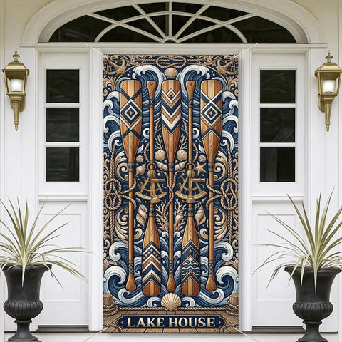 Beachy Coastal Door Cover Banner 36x72 Inches For Indoor Outdoor Use Rustic Ocean Theme Front Door Decor Fade Resistant With Four Grommets Easy Hanging Durable Door Banner For Summer Vibes, featuring nautical paddles and waves design on front door.