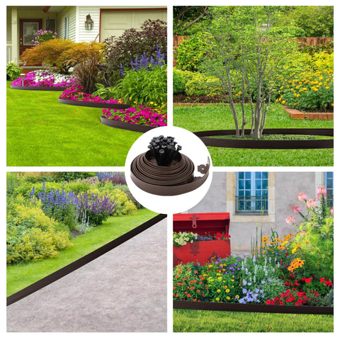 2 Inch By 33 Foot Garden Edging Border Coil With 30 Stakes installed around flower beds and paths; DIY landscaping kit in use.