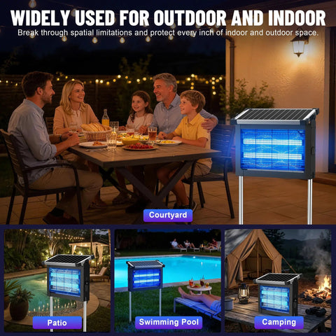 Outdoor Bug Zapper That Crushes Bugs, Sun Powered, Rechargeable 4500V High-Voltage Grid next to dining table in courtyard.