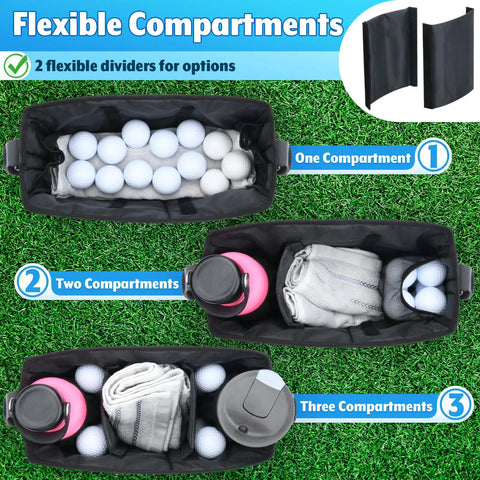 Ultimate Golf Cart Organizer Bag with drink holders and adjustable compartments showing three setup options on grass