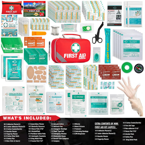 Front view of General Medi 2-in-1 First Aid Kit with red carrying case, 215-piece set and 43-piece mini kit.