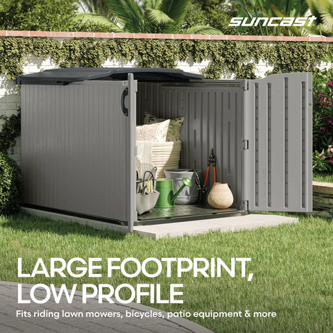 138 Cu Ft Horizontal Outdoor Storage Shed With Glidetop Sliding Lid Weatherproof Resin Shed With Floor open to show contents