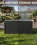 Heavy Duty 160 Gallon Deck Box Crafted From Weatherproof Resin With Secure Locking Lid displayed outdoors with UV-resistant and waterproof features.