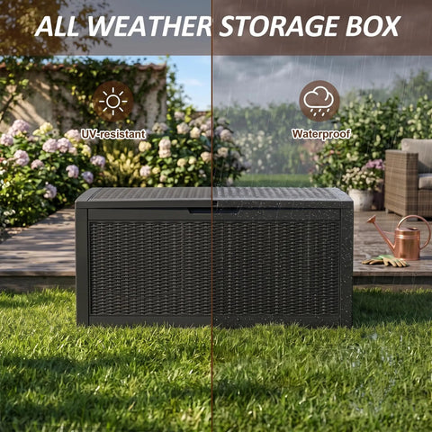 Heavy Duty 160 Gallon Deck Box Crafted From Weatherproof Resin With Secure Locking Lid displayed outdoors with UV-resistant and waterproof features.