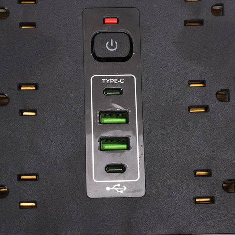 Game Changer Smart Power Strip Surge Protector With 12 AC Outlets 4 USB And 2 USB C Ports Extra Wide Spacing control panel with USB ports.