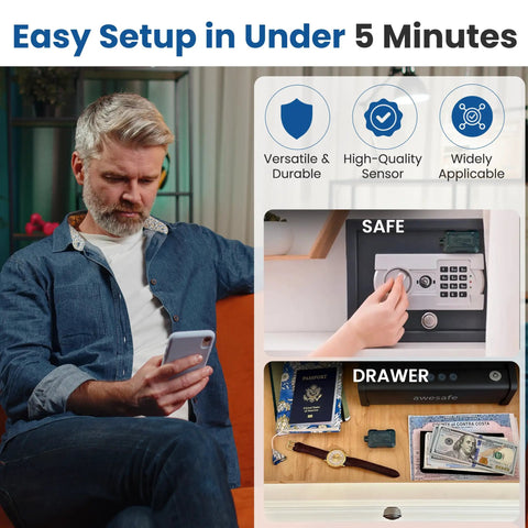 Motion Sensor Alarm With Tamper Alerts For Gun Safes Cabinets And Drawers No Monthly Fees Instant App SMS And Email Alerts 2 4 GHz WiFi Required Rechargeable Battery Lasts 12 To 18 Months IFTTT Ready Easy Install installed on a safe and drawer