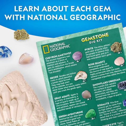 National Geographic Gemstone Dig Kit with gems laid out, learn about gemstones including amethyst and pyrite like a boss geologist