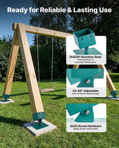 Beefy Heavy Duty Swing Set Brackets Kit For 4x4 Posts 3.6x3.6 Actual, Leveling Hardware With 1250 Lb Per Unit Capacity, 45 To 60 Degree Angle, Stainless Steel Anchor Kit For Uneven Grass And Wooden Ground, 4 Pack