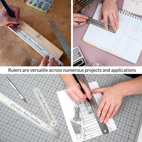 Stainless Steel Ruler Set Three Pack With One 6 Inch And Two 12 Inch Metal Straight Edges For Measuring And Drawing in use for projects