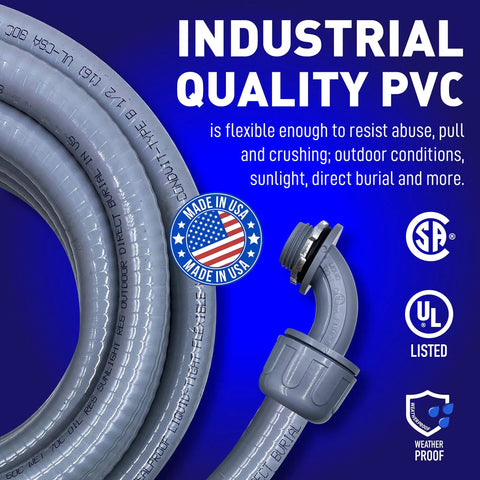 3/4-Inch Non-Metallic Liquid-Tight Conduit Kit With 25 Foot Flexible PVC Type B Conduit Includes 4 Straight And 2 90-Degree Connectors Made In USA Easy Install