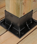 Stainless Steel Wood Post Anchor For 3.5 By 3.5 Posts, 4x4 Nominal, Black Finish, mounted on a wooden deck, heavy duty support
