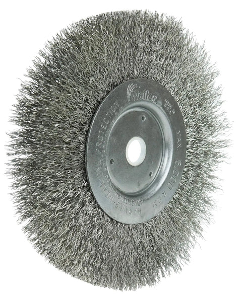 6 Inch Narrow Face Crimped Wire Wheel With Stainless Fill 0.0118 Inch, 5/8 To 1/2 Inch Arbor For Straight Grinders And Buffing Lathes