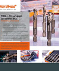 NordWolf 5-piece M35 cobalt drill bit set with 1/4 inch hex shank in storage box (front view)