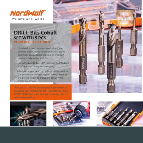 NordWolf 5-piece M35 cobalt drill bit set with 1/4 inch hex shank in storage box (front view)