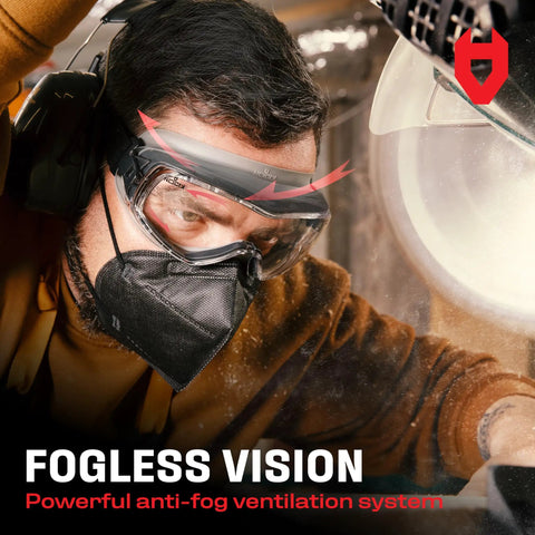 Man wearing Anti Fog Safety Goggles With Premium Anti Scratch Coating And Lenses UV Shield Vented Panoramic Eye Protection