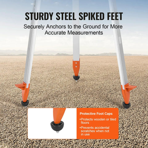 Heavy Duty Laser Level Tripod Stand With Five Eighths Inch Eleven Thread Mount Adjustable From Sixteen To Sixty Five Inches Aluminum Pro Grade Construction Retractable Legs Non Skid Feet Supports Up To Twelve Pounds, spiked feet