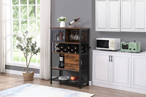 Built Different Industrial Bar Cabinet Featuring Dedicated Wine Rack For Stashing Liquor And Glassware, showcasing wine storage and glasses.