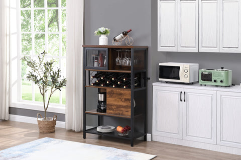 Industrial Wood And Metal Bar Cabinet With Built In Wine Rack For Liquor And Glasses, Modern Kitchen Sideboard with wine shelves and glassware.