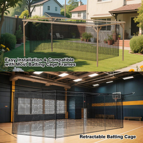 Heavy Duty Square Batting Cage Net For Baseball And Softball Training shown in backyard and indoor settings