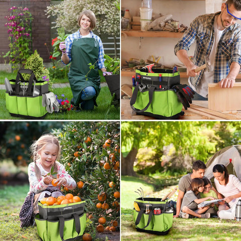 Durable Garden Tool Tote With Waterproof Plastic Base, Eight Pocket Oxford Caddy for Tools in use at various outdoor activities