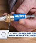 Your New Shop Floor Favorite Features A Heavy Duty Two Sided Drill Bit And Driver that shows a ¼" hex shank mechanism in use.